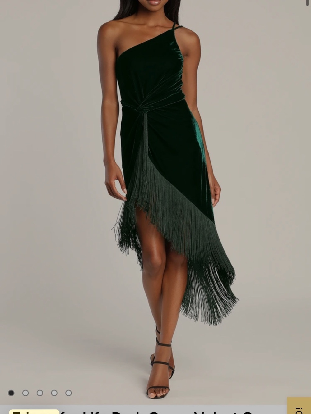 Lulu's green Velvet Fringe Asymmetrical Cocktail Dress